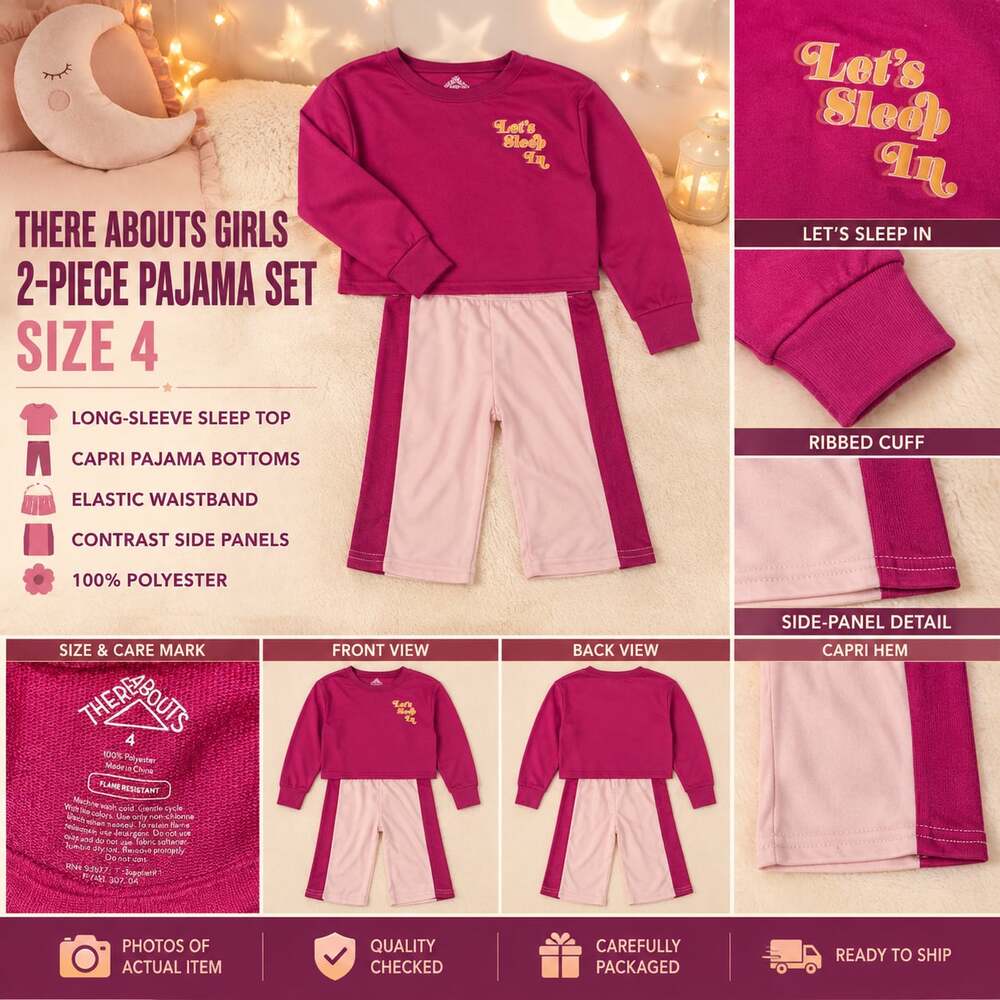 Thereabouts Girls 2-Piece Pajama Set Let's Sleep In Long-Sleeve Top & Capri Bott